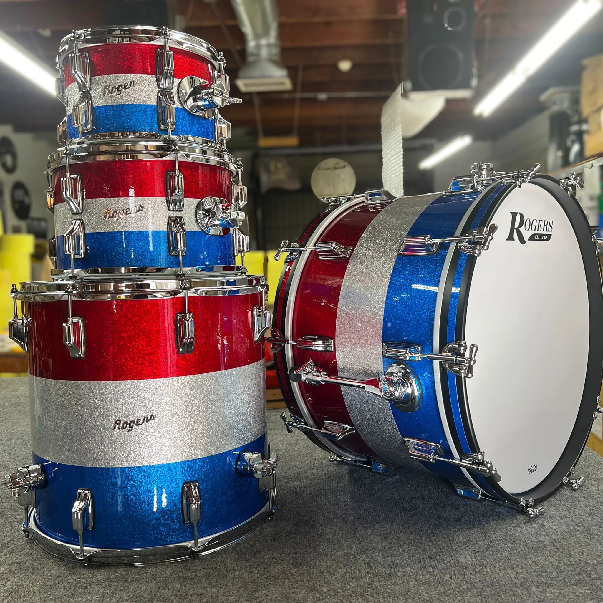 ~WOW!~ Rogers Powertone Series 4-Piece 10/12/16/22 Drum Kit Set in Red, White & Blue Sparkle (SAVE OVER $735!)